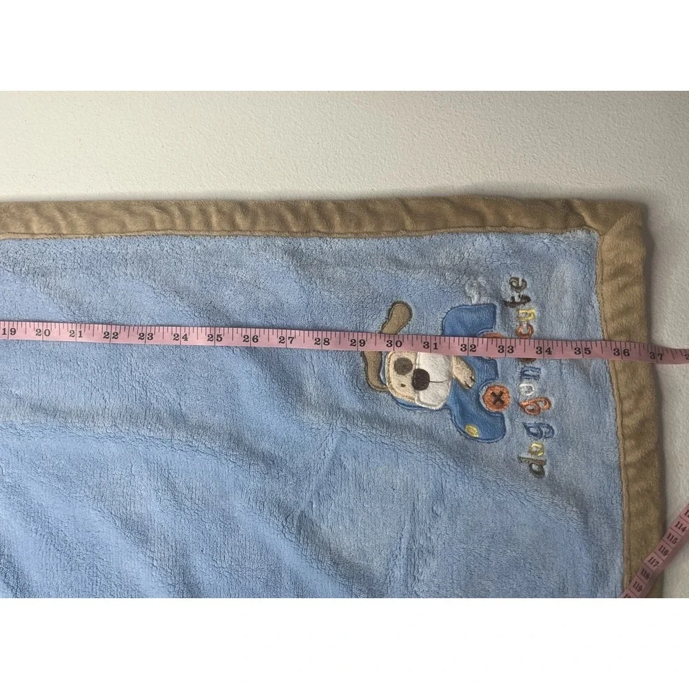 Small Wonders Dog Gone Cute Baby Blanket Blue With Brown Trim Soft! Hard To Find
